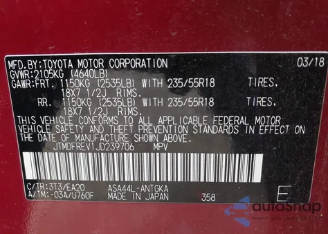 2018 Toyota Rav4 Limited z USA, uszkodzony, nr VIN JTMDFREV1JD239706